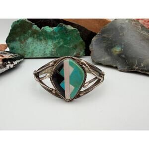 Vintage Southwestern Signed M.F. Turquoise Onyx Mother of Pearl Cuff Bracelet